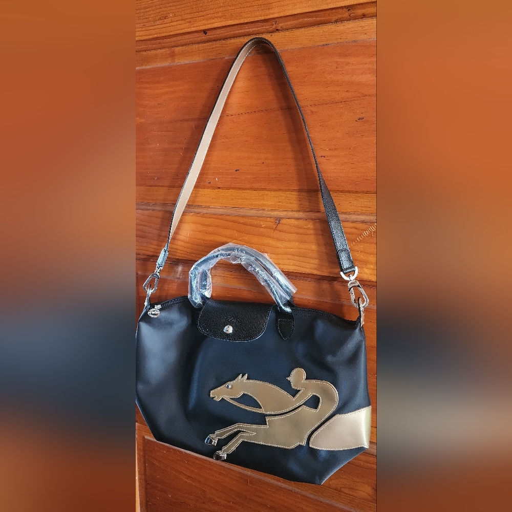 Black Longchamp Le Pliage "Année du Cheval" Horse Tote limited ed
